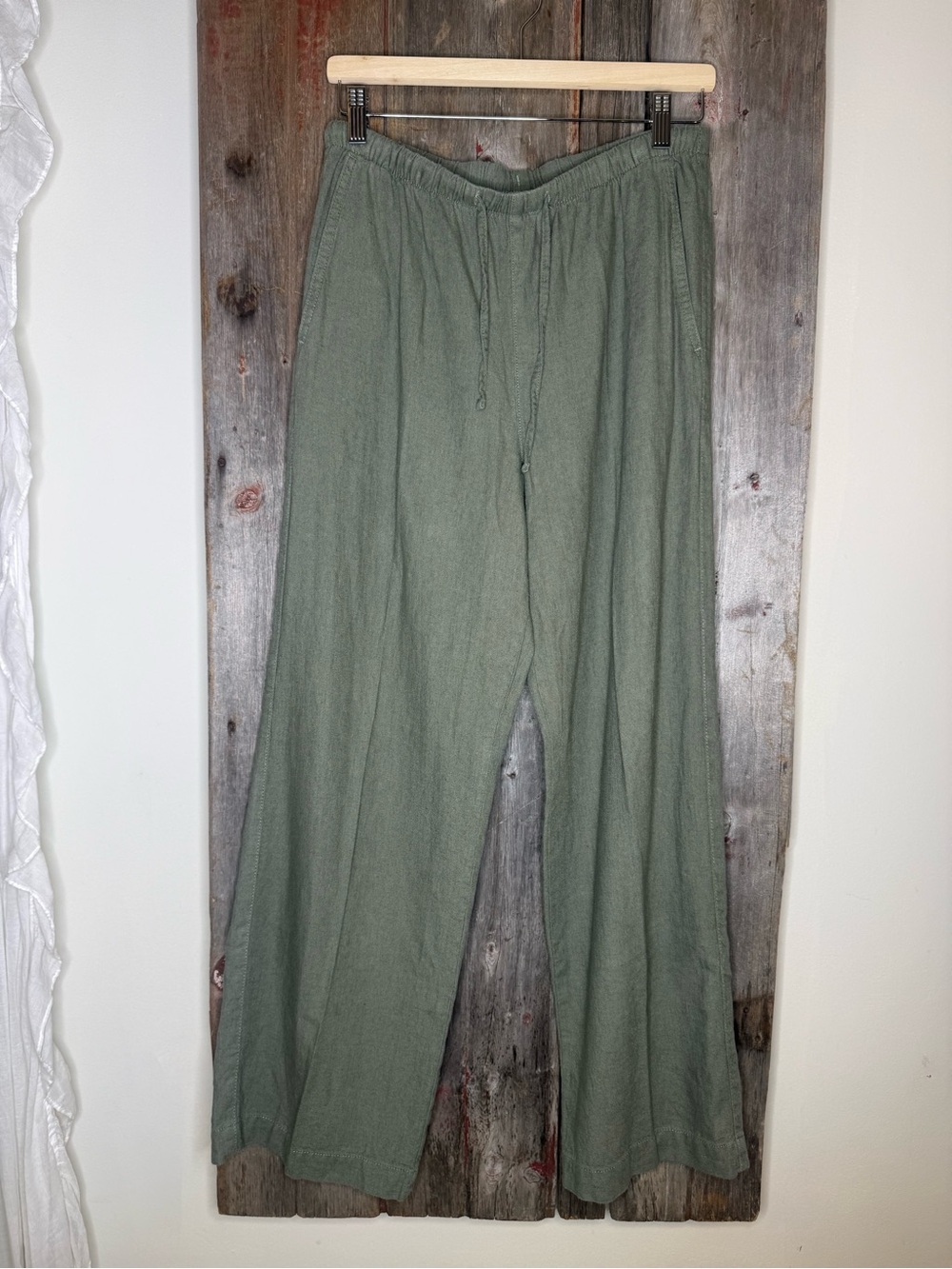 GAP Pull On Wide Leg Pants Linen Blend Drawstring Olive Green Small